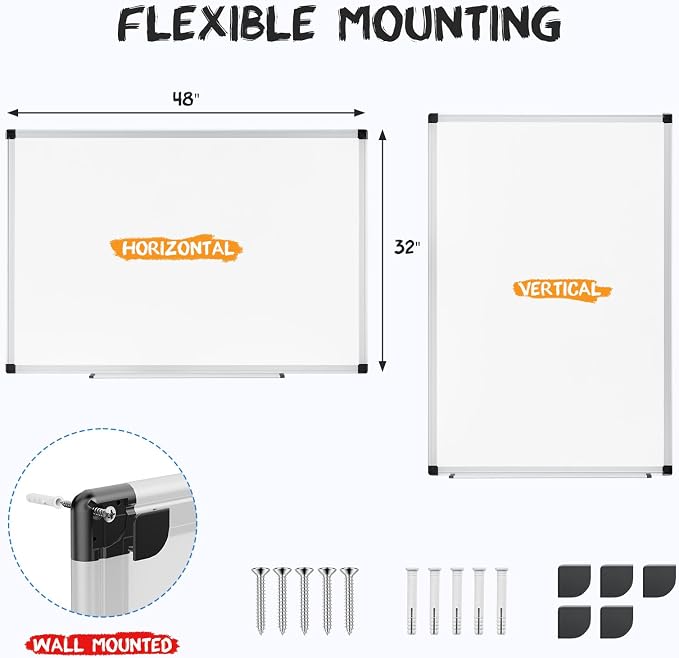 OLIXIS Magnetic White Board, Dry Erase Board for Wall 32" x 48", Whiteboard with 1 Dry Eraser & 2 Multicolor Markers & 4 Magnetic Pins, Aluminium Frame for Home, School, Office, White