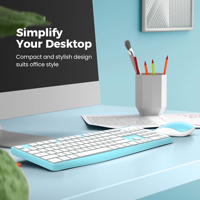 Wireless Keyboard and Mouse Combo, Lovaky 2.4G Full-Sized Ergonomic Keyboard Mouse, 3 DPI Adjustable Cordless USB Keyboard and Mouse, Quiet Click for Computer/Laptop/Windows/Mac (1 Pack, Blue) | Ergonomic, Low profile Keys, 3 DPI Adjustable, 2.4G Quiet...