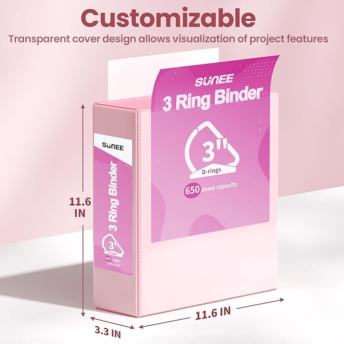 SUNEE 3 Ring Binder 3 Inch D Ring, Clear View Binder Three Ring PVC-Free (Fit 8.5x11 Inches) for School or Office Supplies, Assorted Pastel, 4 Pack
