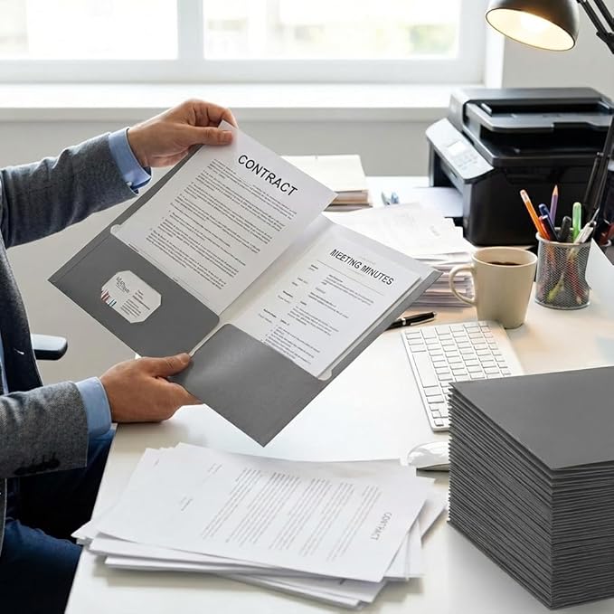 Zzrywuty File Folders with Pockets Letter Size,50-Pack Paper Folders with Card Slot,Grey Two Pocket Folders for School Students,Businessmen,Home and Office Workers