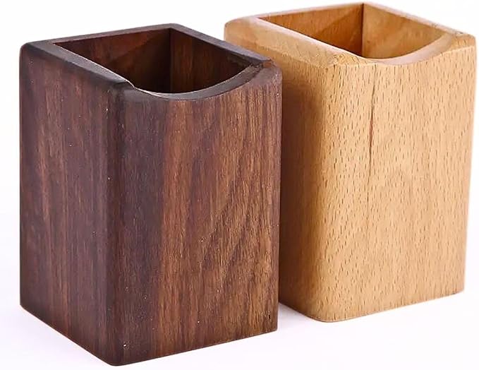 Wooden Pen Holder for Desk, 2 Pack Natural Wood Pencil Cup Holder – Office Desk Accessories Organizer, Makeup Brush Holder, Kids Crayon Marker Caddy, Eco-Friendly (2 Pack - 1 Beech + 1 Walnut))