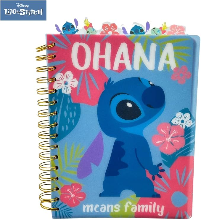 Disney Stitch Tab Journal Notebook "Ohana" Spiral Bound, 144 Lined Pages, 8 x 7 inches, Blue