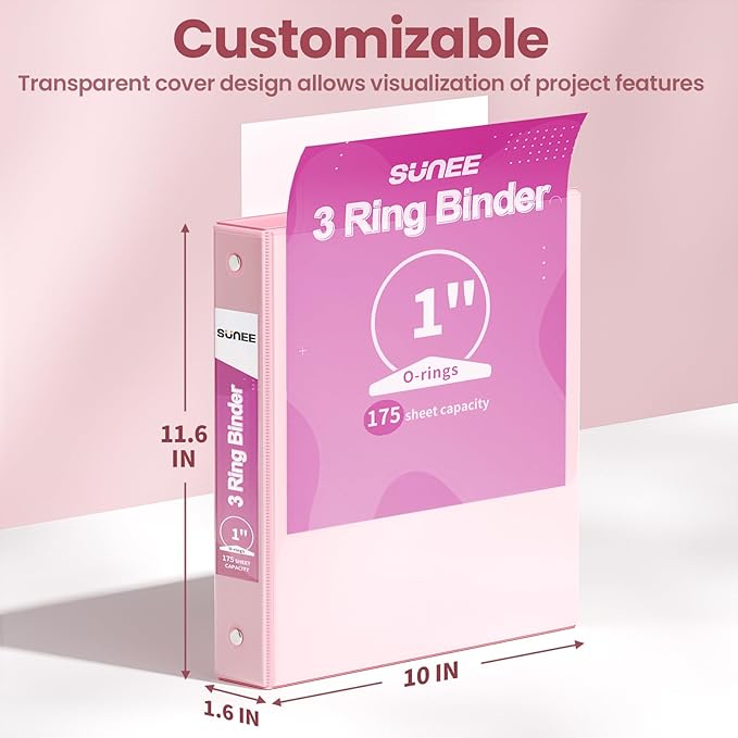 SUNEE 3 Ring Binder 1 Inch 2 Pack, Clear View Binder Three Ring PVC-Free (Fit 8.5x11 Inches) for School or Office Supplies, Pink & Purple