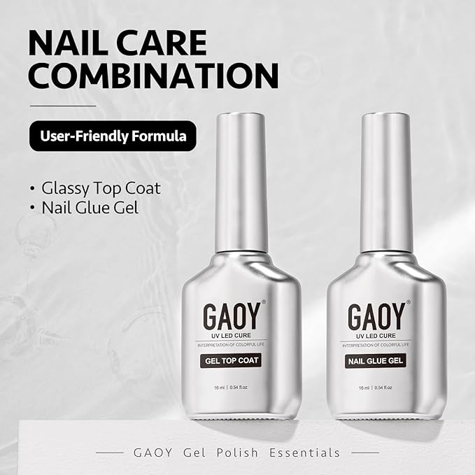 GAOY Gel Top Coat and Nail Glue Gel Set, 2 Pcs 16ml Clear Glossy No Wipe Combination for UV Light Cure