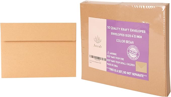 Kraft Kraft Paper Envelopes, 50 Pack, 5 x 7 Inch, Brown, A7, Card, Personalize Gift, Wedding, Birthday, Invitations, Postcard