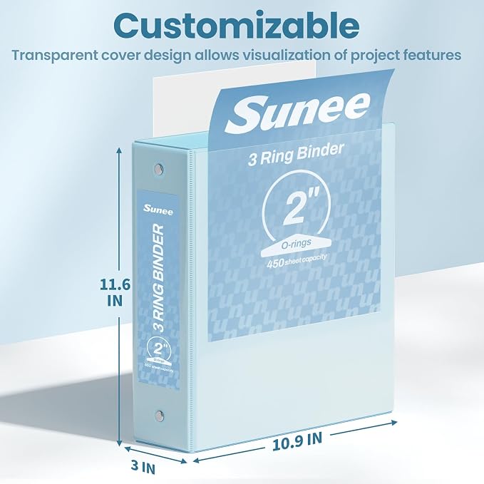 SUNEE 3 Ring Binder 2 Inch 2 Pack, Clear View Binder Three Ring PVC-Free (Fit 8.5x11 Inches) for School or Office Supplies, Blue