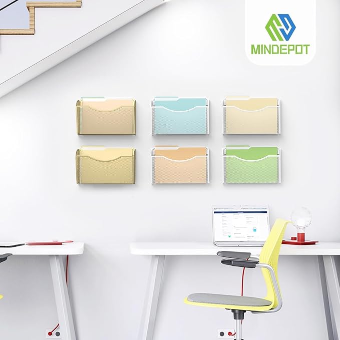 MINDEPOT Wall File Organizer, Hanging Wall File Holder, 2 Pack, Gold | Heavy Duty Iron, Metal Mesh Wall Mount, Single Pocket, Mail Organizer, for Office School Classroom Home, Letter A4 Size