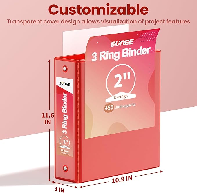 SUNEE 2 Inch Binders 3 Ring 6 Pack, Clear View Three Ring 2" Binders PVC-Free (Fit 8.5x11 Inches) for School or Office Supplies, Classic 6 Colors