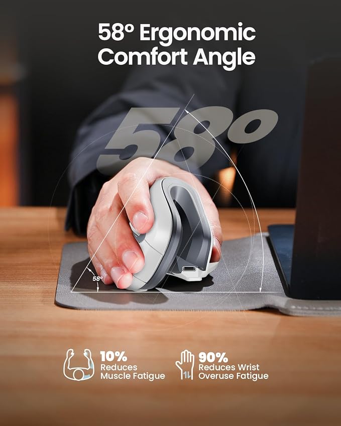 ProtoArc EM11 NL Wireless Ergonomic Vertical Mouse, White | 58° vertical design supports a natural wrist posture; connect 3 devices via Bluetooth/2.4G USB-A; 500mAh USB-C rechargeable.