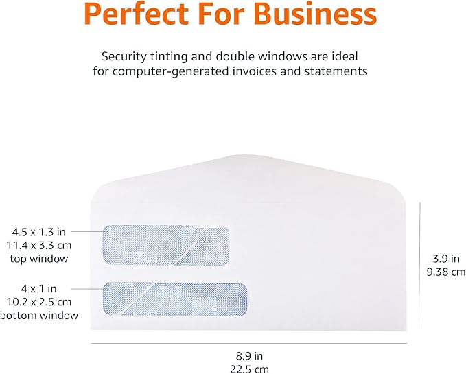 Amazon Basics #9 Double Window Security Gummed Business Envelopes for Invoices,500 Count, White (Pack of 5)