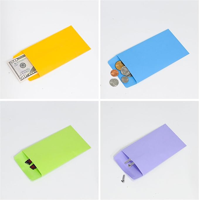 ESSENTIAL #7 120 Pieces Cash Envelopes 3.5" x 6.5" with Gummed Flap, Small Parts Envelope for Home and Office Use (Assorted -120)