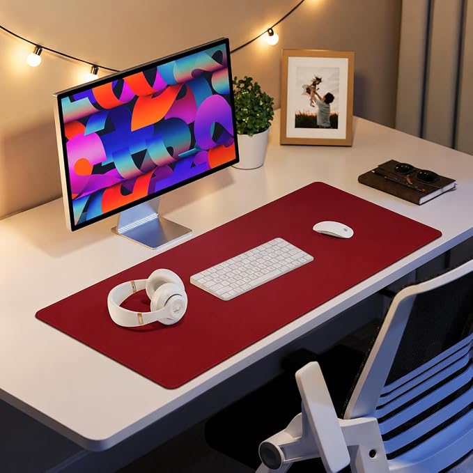 AFIING Large Desk Mat 55" x 24" - PU Leather Desk Pad Protector, Waterproof Non-Slip Extended Mouse Pad for Office Desk, Keyboard, Laptop and Home Workspace Red