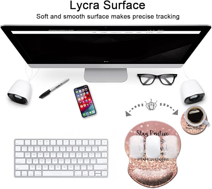 Mouse Pad with Wrist Support, Non Slip Mousepad Wrist Rest for Office, Computer, Laptop & Mac- Durable & Comfortable & Lightweight Ergonomic Support Mouse Mat Glitter Quote