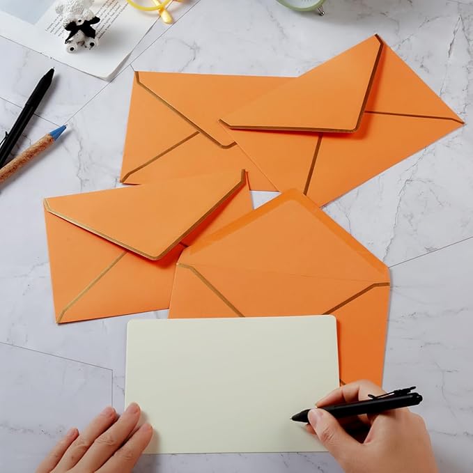 50 Pieces A7 Envelopes with Gold Border, 5.24 x 7.21 Inches Envelopes with Gold Stickers for Greeting Cards and Invitation (Dark Orange, A7-5x7)