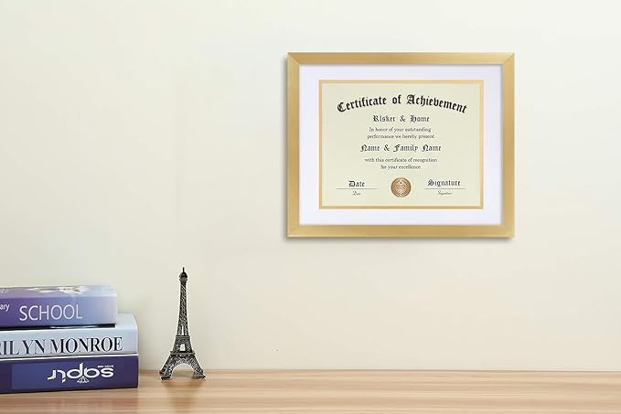 ELSKER&HOME 8.5 x 11 Certificate Frame - Classic Gold Color Frame - Displays Diploma 8.5x11 Inch with Mat - 11x14 Inch Without Mat - For Document/Photo(Double Mat - Matte White with Gold Rim)