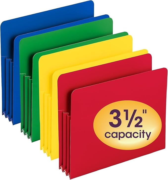 Smead Poly File Pocket, Straight-Cut Tab, 3-1/2" Expansion, Letter Size, Assorted Colors, Pack of 4