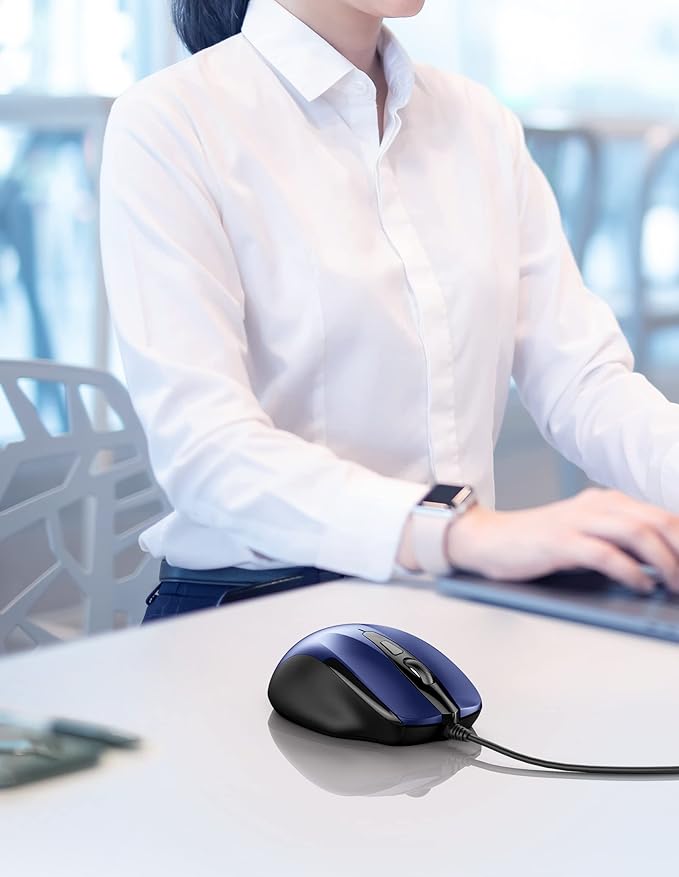 TECKNET USB Wired Mouse, 6-Button Corded Computer Mouse with 4 Adjustable DPI, Optical Computer Mice with Ergonomic Design and 5FT Cord for Laptop, Chromebook, PC, Desktop, Mac, Notebook-Blue