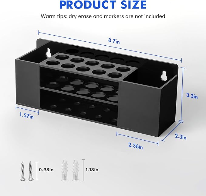 Wall Mounted Magnetic Dry Erase Marker Holder for White Board | Acylic Strong Magnet Pen Holder for Fridge&Refrigerator, Pencil Holder for Classroom, Office, Locker Organizer-Black