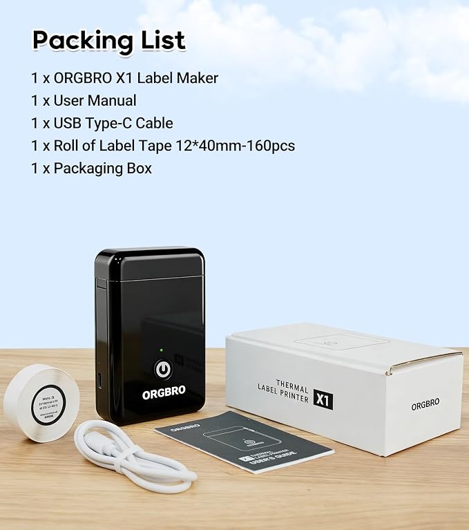 ORGBRO Label Maker Machine with Tape, X1 Bluetooth Mini Label Printer | Fits Pre-Cut & Continuous Waterproof Label, Rich Templates APP, Inkless, Portable Sticker Maker, for School, Home, Office