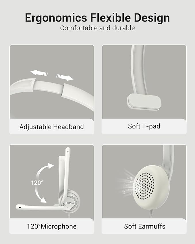 NUBWO HW02 USB Headset with Microphone Noise Cancelling & in-line Control | Ultra Comfort Computer Headset for Laptop pc, On-Ear Wired Office Call Center Headphone for Boom Skype Webinars (White)