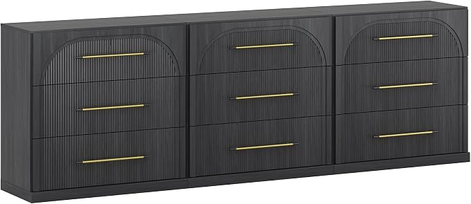 BELLEZE Bookcase with 3 Drawers, Set of 3 Modern Book Shelf with Metal Handle, 97'' Wood Bookshelves for Living Room Office Entryway (Ebony)