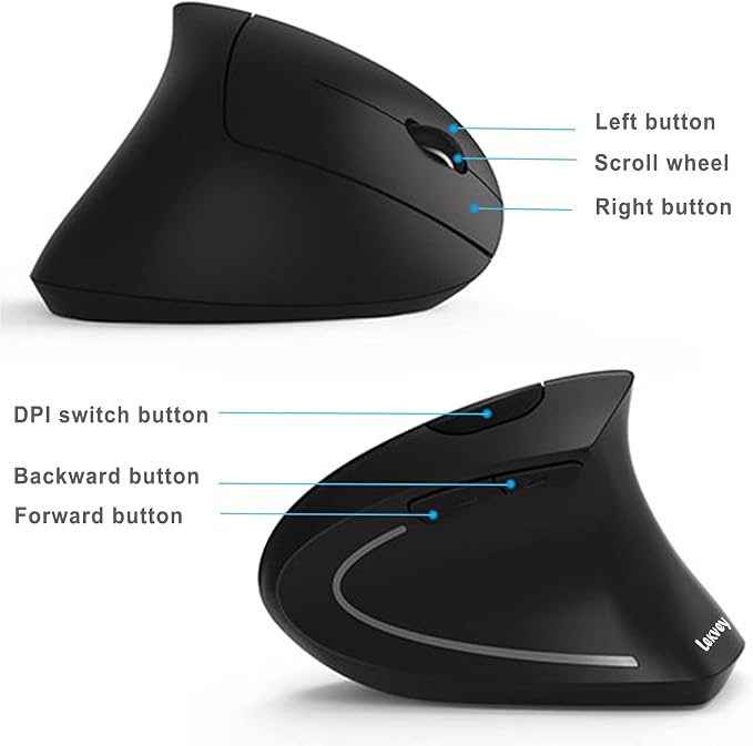Lekvey Ergonomic Mouse, Rechargeable Vertical Wireless Mouse, Comfort Grip | Long Battery Life, USB-C Charging, Quiet Click, Carpal Tunnel Support, 2.4G Wireless, 3DPI 800/1200/1600, for Laptop, Mac, PC