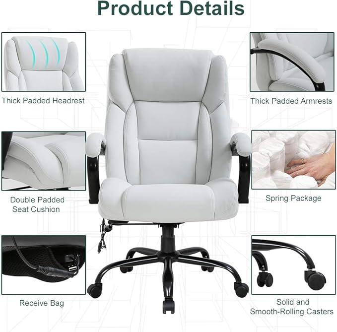 Office Chair Desk Chair Computer Chair with Lumbar Support Headrest Armrest Swivel Rolling PU Leather Task Big and Tall 500lb Wide Seat Massage Ergonomic Chair Adjustable for Adults Women(White)