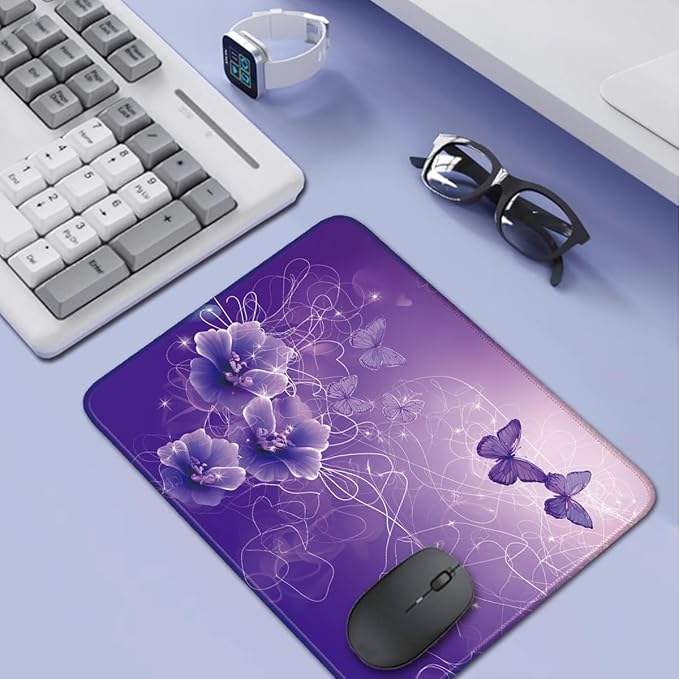 Purple Butterflies and Flower Pattern, Aesthetic Mouse Pad Small Cool Gaming Computer Mouse Pad, 26x21cm