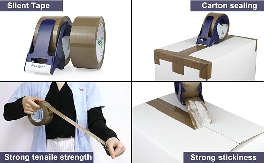 BOMEI PACK 2 Rolls Brown Noiseless Heavy Duty Packing Tape with Blue Dispenser, Packaging Tape 1.88 Inches x 110Yards, Industrial Grade Shipping Tape for Moving Packaging Shipping, Office & Storage