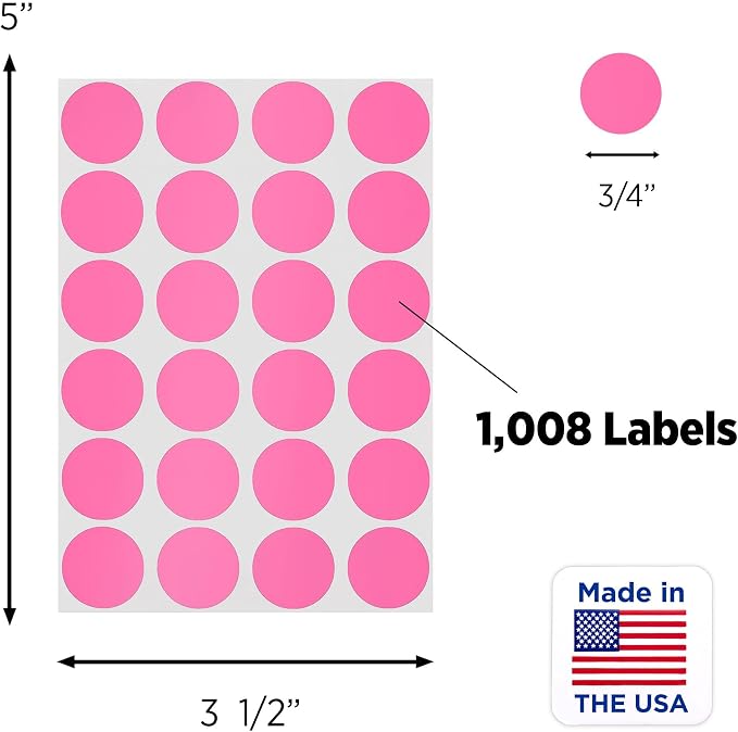 Rose Dot Stickers, 3/4 Inch, 1008/Pack | Semi-Gloss Paper Circle Labels for Offices, Retail, Classrooms, and Warehouses. Made in USA