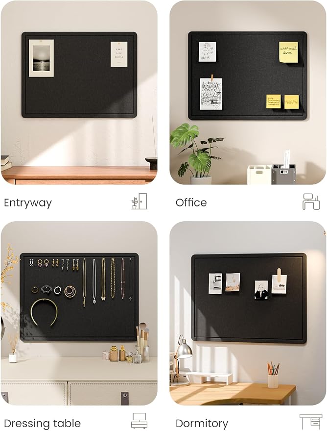Fluxynara 23.6" x 17.1" Bulletin Board, Black | Cork Board Alternative with 12 Removable Adhesive Tabs, Foldable Felt Pin Board for Home, Office, Classroom & Dorm