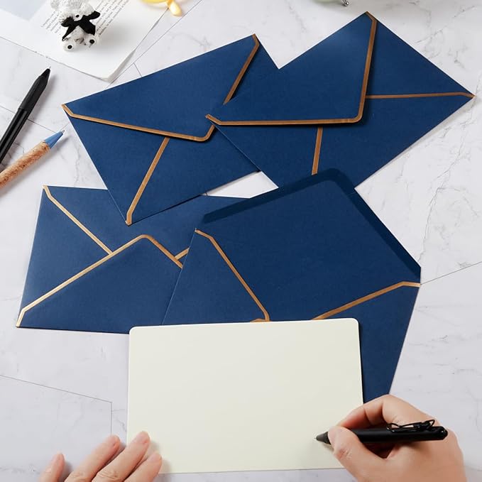 50 Pieces Navy Blue A4 Envelopes with Gold Border, 4.25x6.25 Inches Envelopes with Gold Stickers for Greeting Cards and Invitation (A4-4x6)