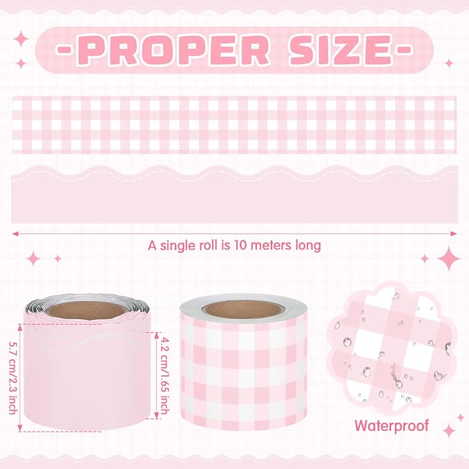2 Rolls 65.6ft Pink Gingham Bulletin Board Borders Decoration Pink Checkered and Straight Edge Bulletin Borders Board Trim for Office School Classroom Chalkboard Party Decoration