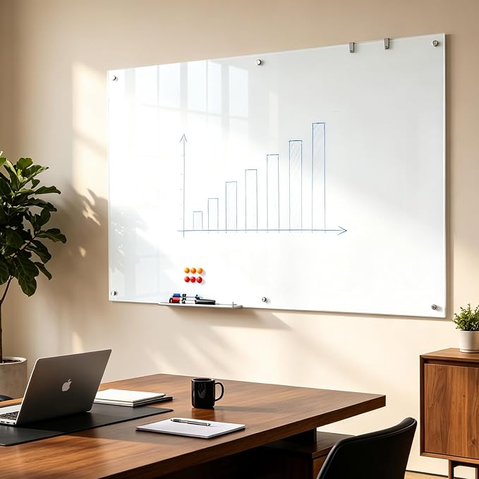 MaxGear Glass Whiteboard Tempered Glass Magnetic Dry Erase Board 72" x 48" | Tempered Glass, Sleek Modern Design, Smooth Writing, Easy Erase, Magnetic Surface, Frameless Design, Wall Mounted, Office Use