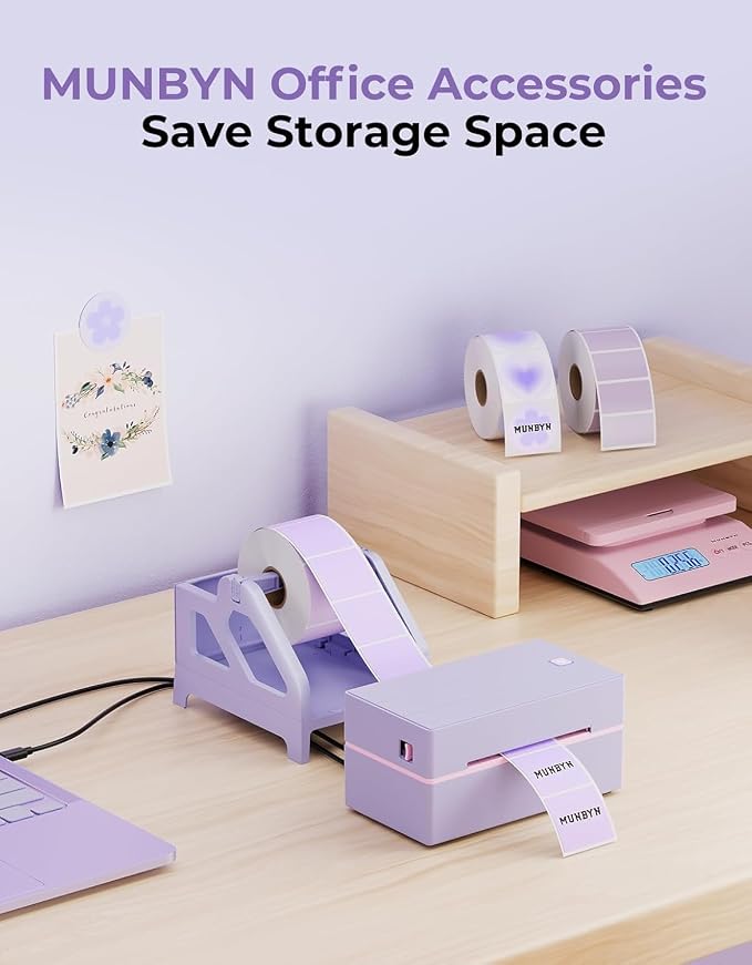 MUNBYN Label Holder for Rolls and Fan-Fold Labels, Purple | Thermal Sticker Roll Holder, Desktop Thermal Printer, Shipping Supplies Industrial Paper