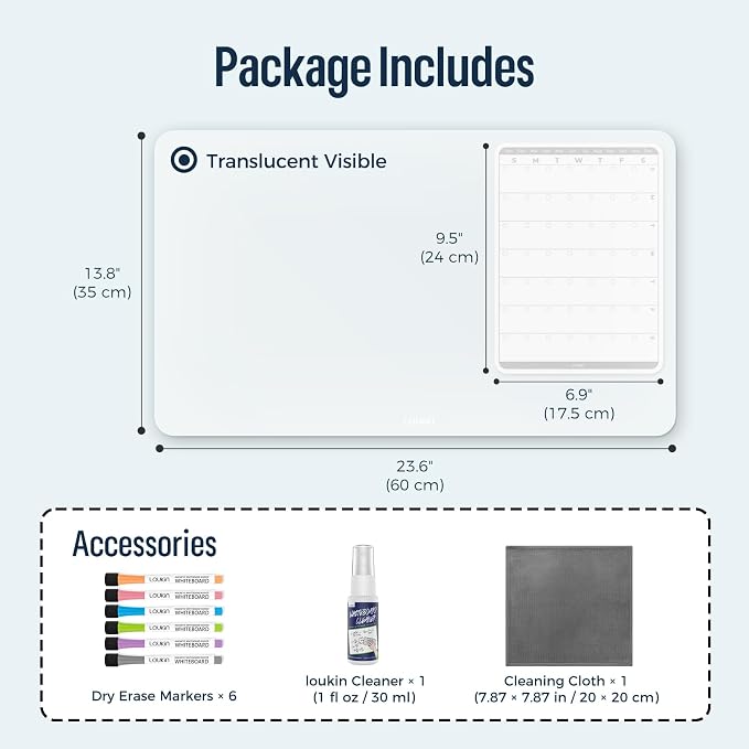 loukin Dry Erase Silicone Desk Mat, 23.6"x13.8" Desk Pad with Planner | Write & Erase Surface, Non-Slip, Waterproof Table Protector, Heat Resistant, Food-Grade Silicone, All-In-One Set