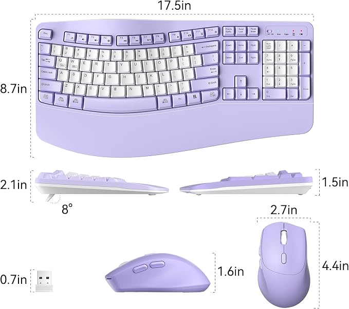 Wireless Keyboard and Mouse Combo,2.4G Ergonomic Wave Keys(Purple-B) | Full Size Cordless Keyboard with Wrist Rest,3-Level DPI Ergonomic Mouse for Office and Home,Windows/Mac OS/Desktop/Laptop/PC