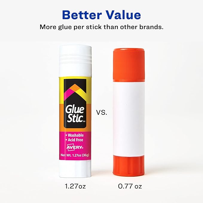 Avery Glue Stic - Washable, Non-Toxic Glue Sticks for Classroom, Crafting, and Office Use, 1.27 oz., Pack of 12, White (10221)