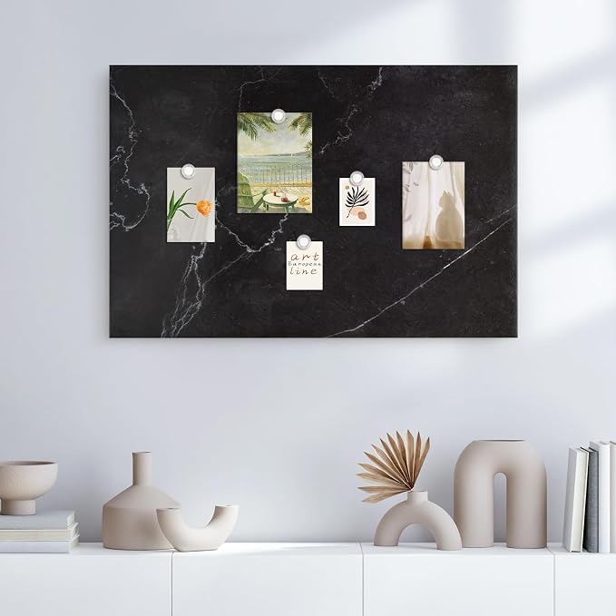 Decorative Magnetic Board for Wall, 24''x18'' Dry Erase Board, Black Marble | Magnet Board, Display Board, Wall Mounted, for Home, Office, Kitchen, 2 Markers, 6 Magnets