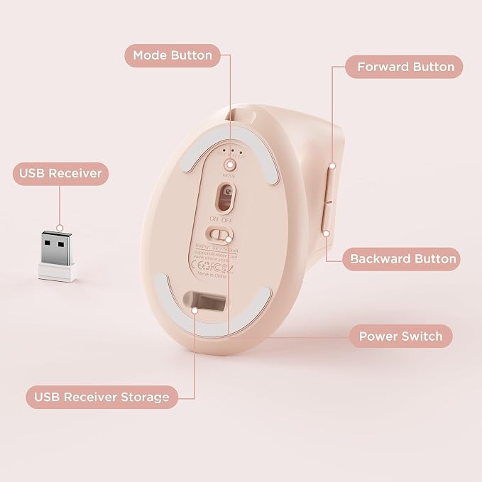 Uineer Vertical Ergonomic Mouse, Wireless Bluetooth Mouse, 3-Device,Quiet | Switch among 3 devices; side scroll wheel supports horizontal navigation for documents and spreadsheets.