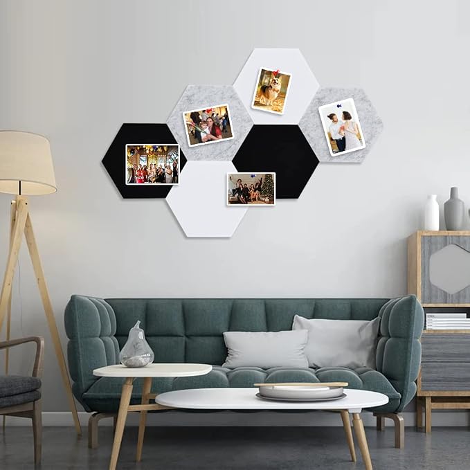 Vuzvuv 6Pcs Cork Bulletin Board for Wall Office-Hexagon Black Grey | Compact Soft Felt Pin Board, 8.6x7.5in Per Pcs, Multi-Color, Home/Office Use, Full Kit with Pins, Strong Adhesive