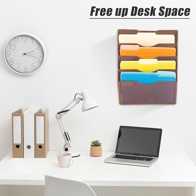 5 Pocket Mesh Hanging Wall File Organizer, Wall Mounted Mail Paper Document Folder Holder, Clipboard Storage Organization Magazine Rack with Nametag Label for Office Home School, Brown