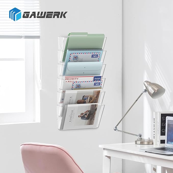 Gawerk Clear Acrylic Single Pocket, Plastic Hanging Wall Mount File Holder for Office Home (Clear, 2 Pack)