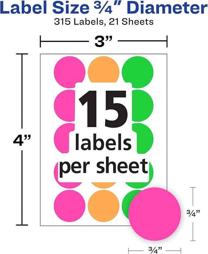 Avery Color-Coding Removable Labels, 3/4 Inch Round Stickers, Assorted Neon Colors, Non-Printable, 315 Labels Per Pack, 36 Packs, 11,340 Dot Stickers Total (6733)