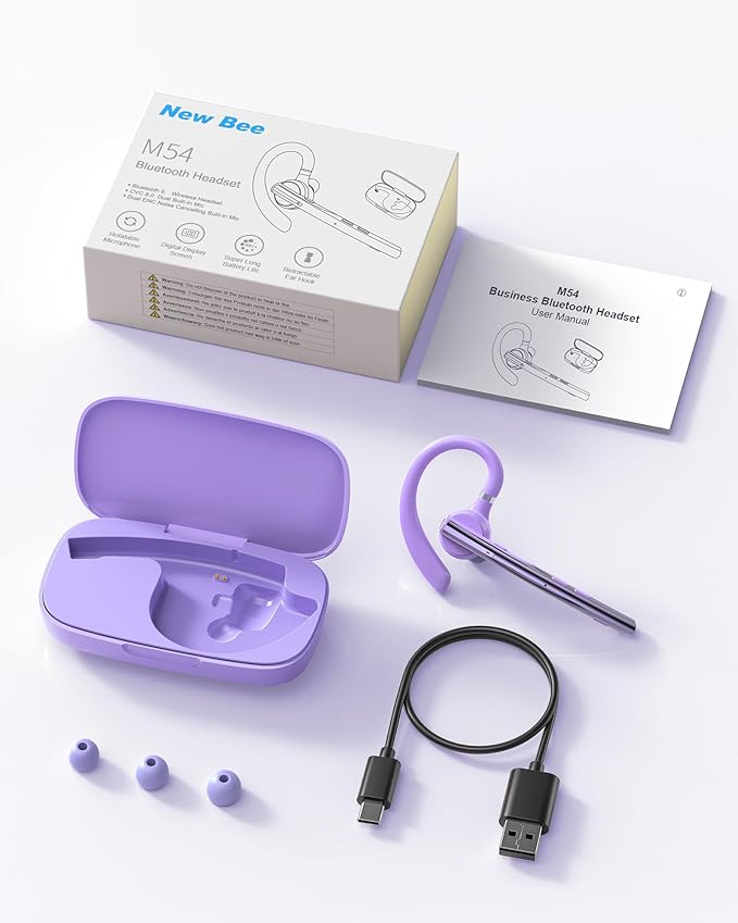 New Bee Bluetooth Headset V5.1 72H Talk Dual Mic with Mute Button for Business, Wireless Hand-Free Bluetooth Earpiece with 500mAh Charging Case for Cell Phone Calls Trucker Driver