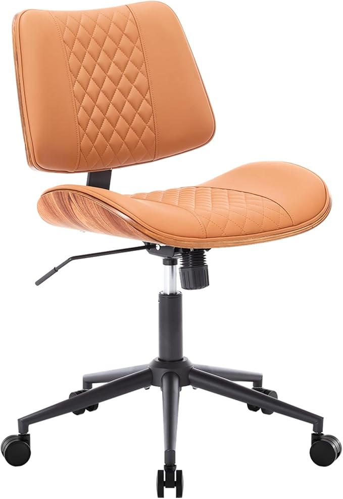 Home Office Chair No Arms with Wheels, Mid Back Walnut Style, Brown | Adjustable Height PU Leather Mid Back Support, 360 Swivel Computer Small Desk Seat, Armless Walnut Office Chair, 300LBS Cap