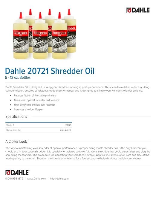 Dahle Shredder Oil Reduces Friction and Optimizes Performance in Paper Shredders, For Use In All Shredders, 6 - 12 oz. Bottles