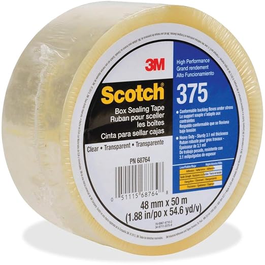 3M Scotch 375 Industrial-Grade Packing Tape, Clear, 48 mm x 50 m, 1 Pack | High Performance Sealing Tape for Heavy-Duty Commercial Box and Carton Sealing, Moving, Packaging and Shipping