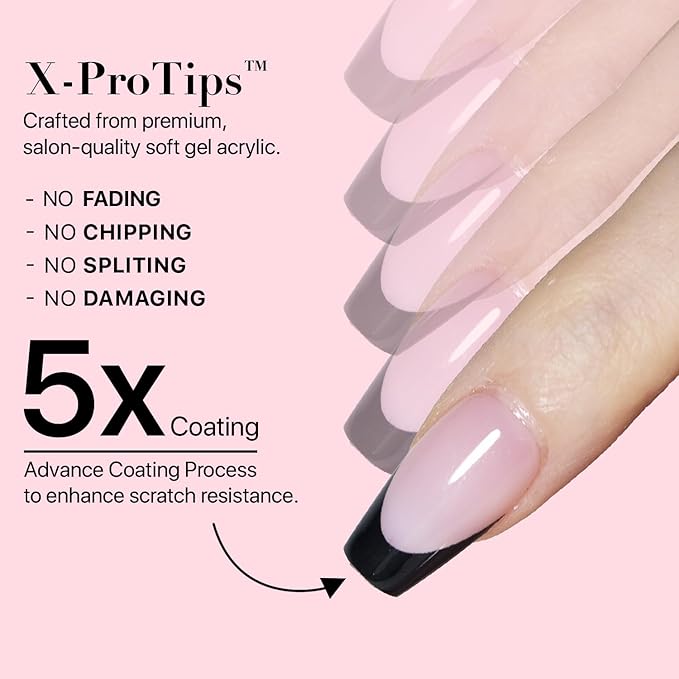 SXC Cosmetics French Tip Press On Nails 150 Pieces in 15 Sizes Ultra Fit with Pre-applied Tip Primer and Base Coat, No Need to File Fake Nails for Nail Art DIY X-Pro Tips (BLACK119-S Coffin)