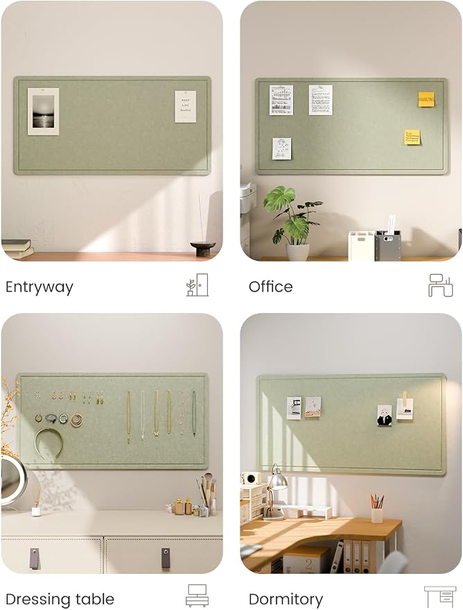 Fluxynara 35" x 17.1" Bulletin Board, Sage | Cork Board Alternative with 12 Removable Adhesive Tabs, Foldable Felt Pin Board for Home, Office, Classroom & Dorm